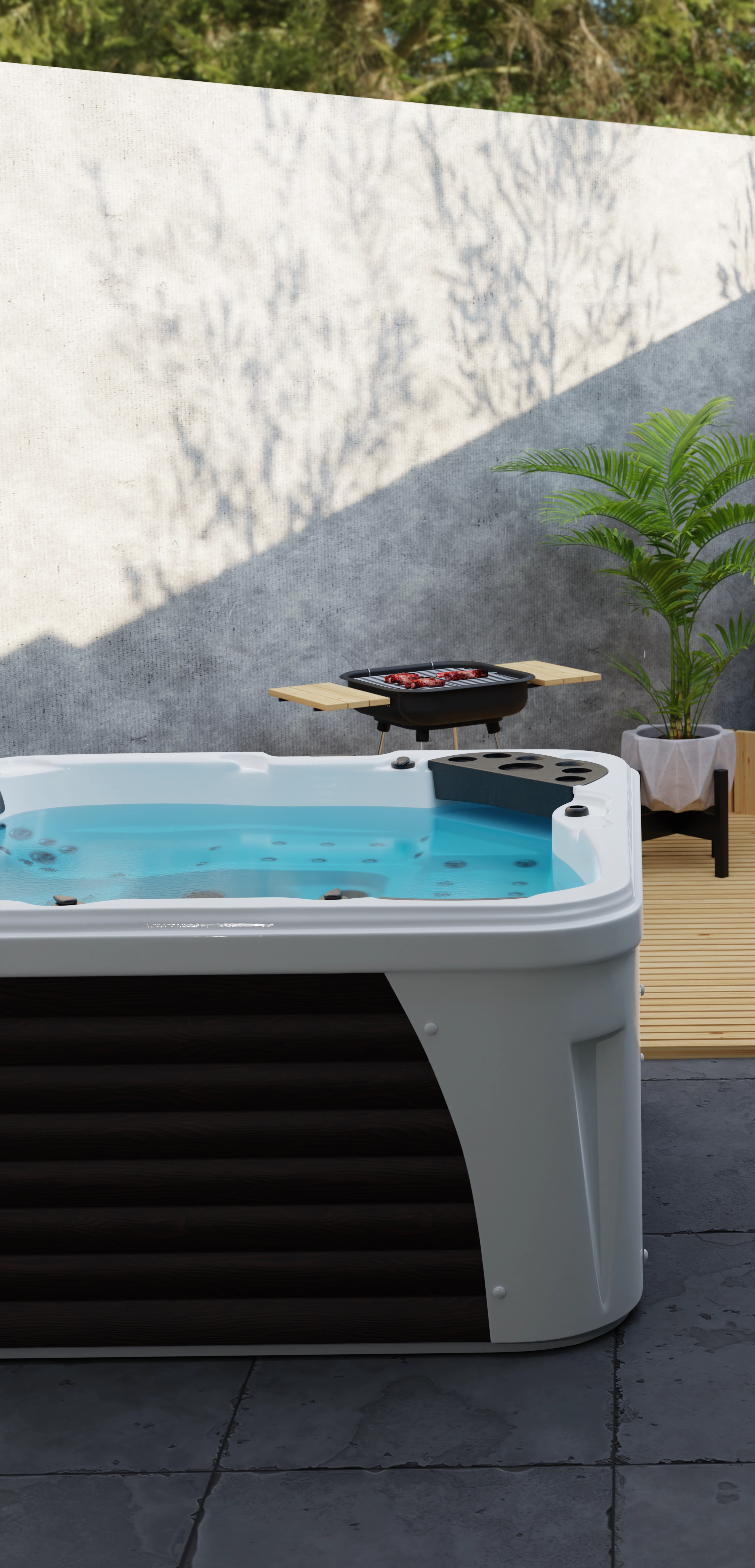 Kobieta w czerwonym bikini relaksująca się w całorocznym jacuzzi ogrodowym